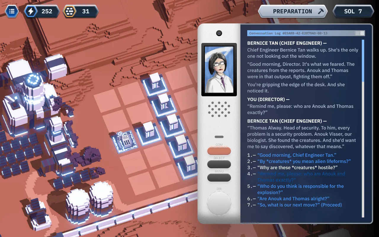 Early screenshot of the update: a conversation with Chief Engineer Bernice Tan, with numbered replies to choose from.