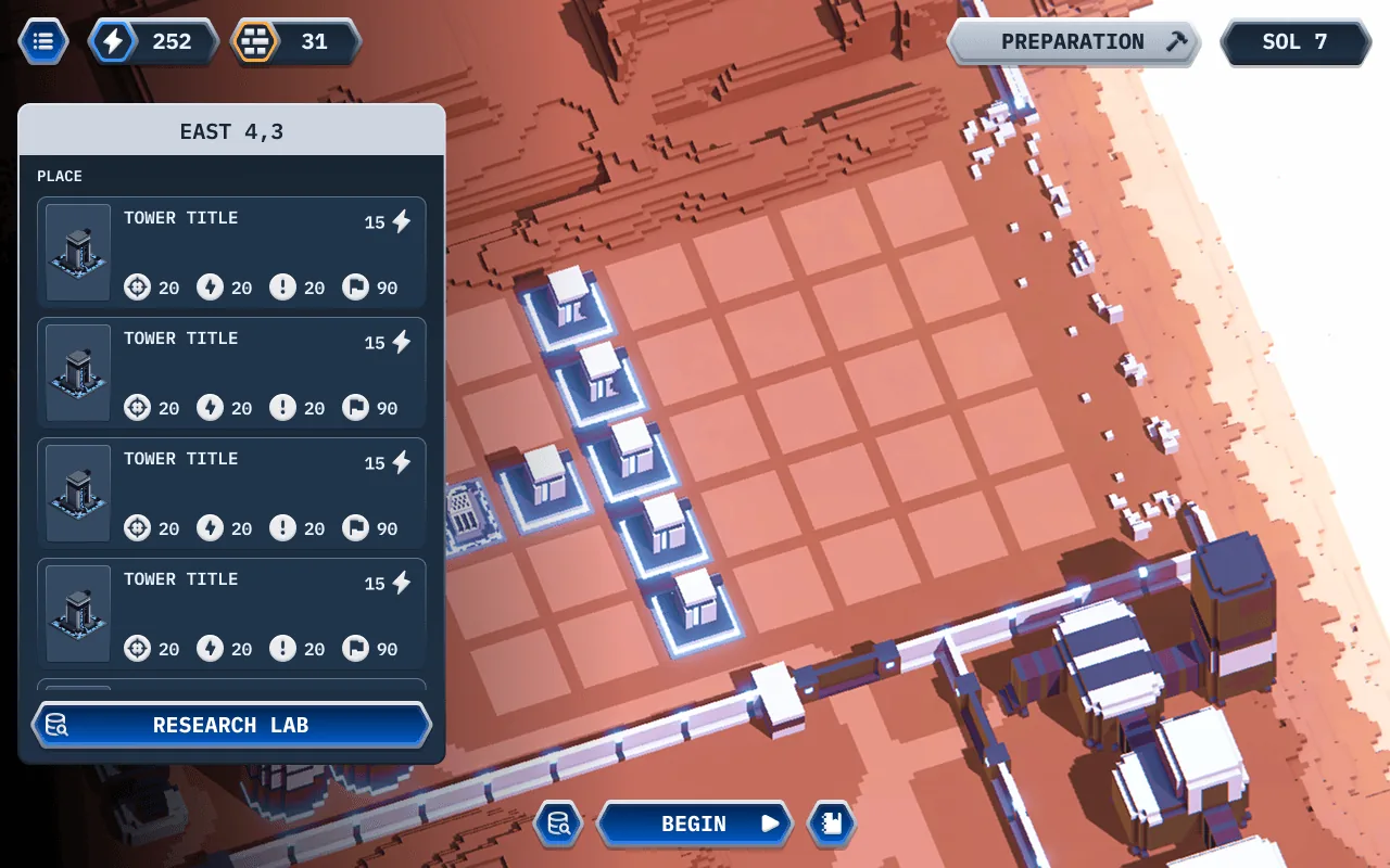 Early screenshot of the update: the menu for placing Tech on a tile, next to the base on red Martian ground.