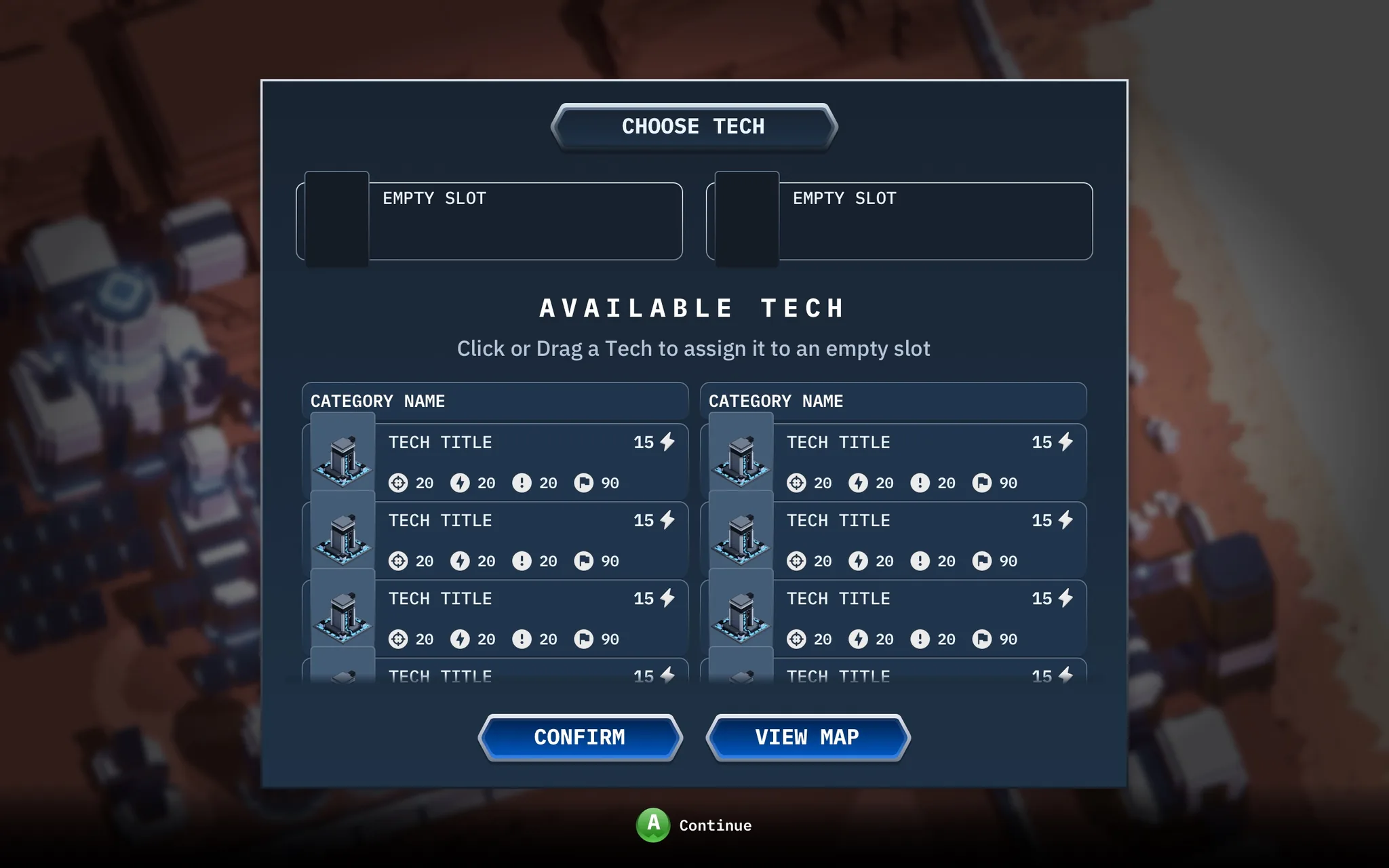 Tech Selection screen: Tech to choose from before the night.