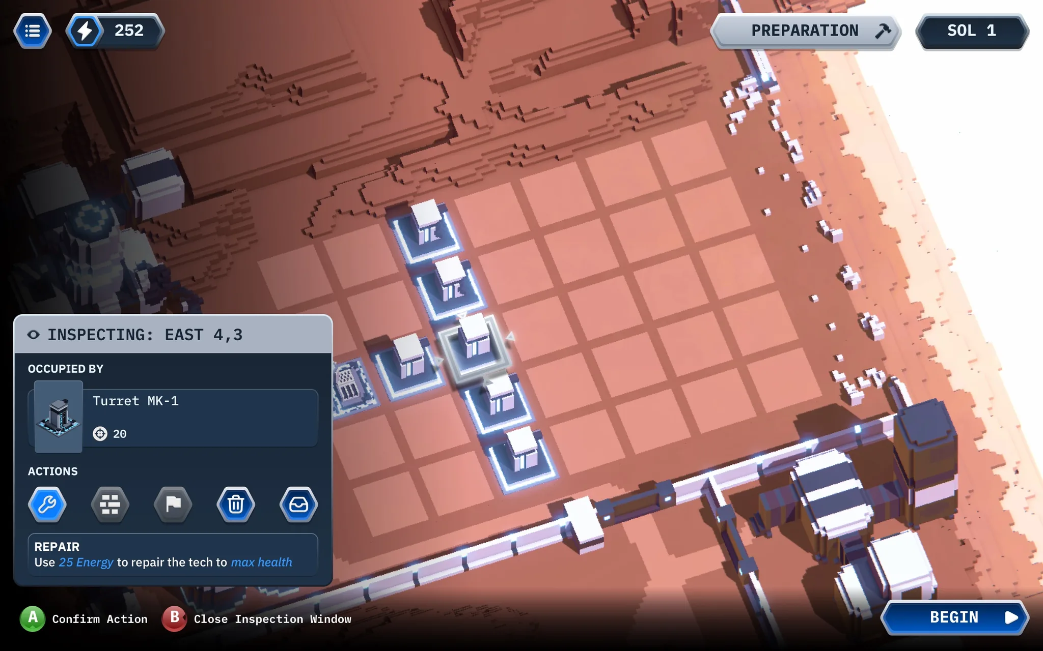 Tile Menu on an occupied tile: Tech actions, each with its effect shown.