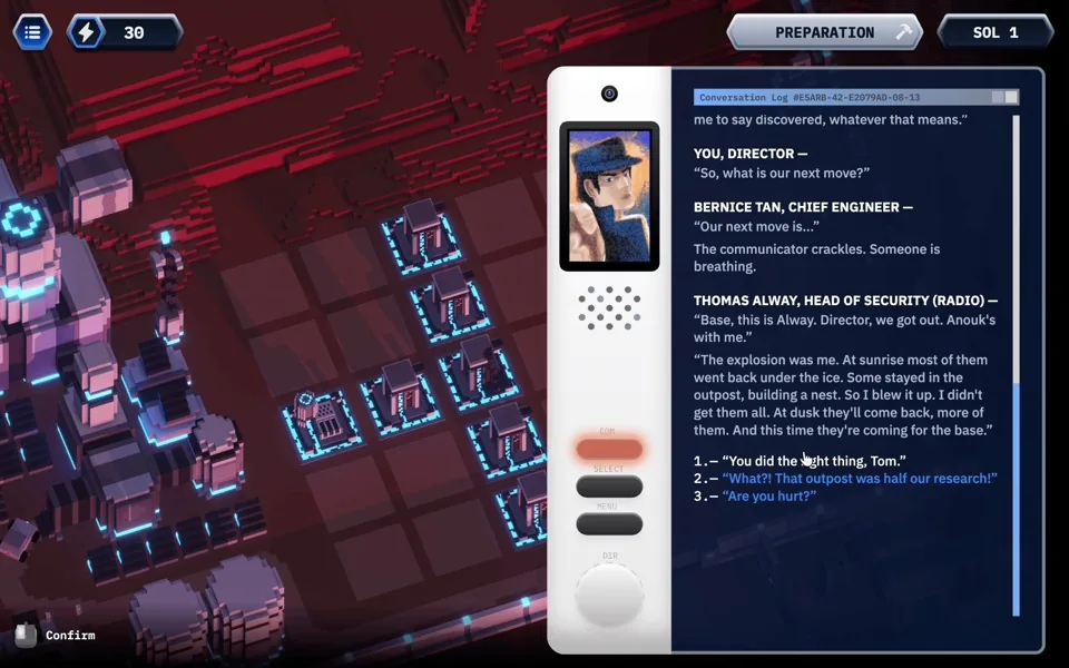 The game’s first conversation, on Sol 1: Bernice Tan at the Director’s desk.