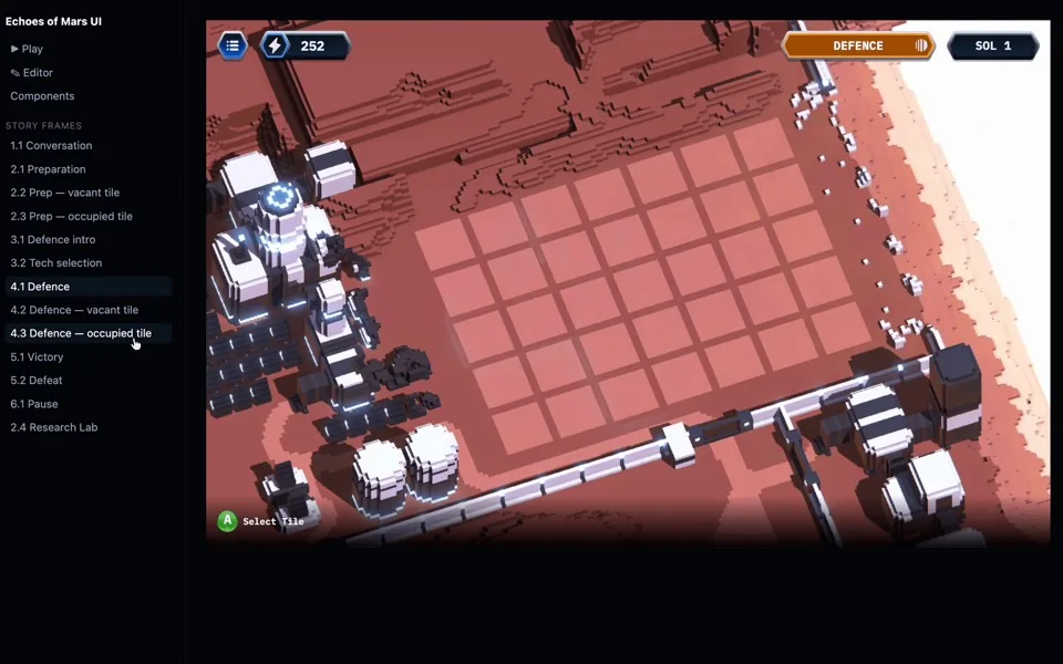 My UX/UI tool: a list of story frames beside a game screen in the Defence phase.