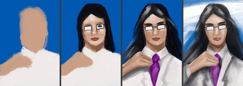Four stages of Bernice Tan’s portrait, from rough sketch to finished painting.